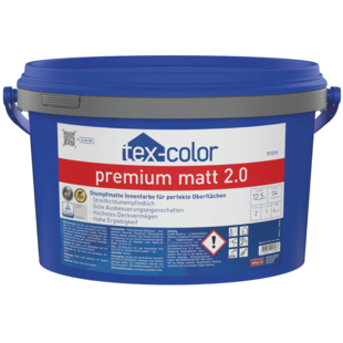 tex-color TC1218 premium matt 2.0 Auf dem Bild ist das blaue tex-color Rezyklat-Gebinde mit dem Etikett von tex-color TC1218 premium matt 2.0 zu sehen