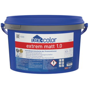 tex-color TC1118 extrem matt 1.0 Auf dem Bild ist das blaue tex-color Gebinde zu sehen, das mit dem Etikett tex-color TC1118 extrem matt 1.0 etikettiert ist